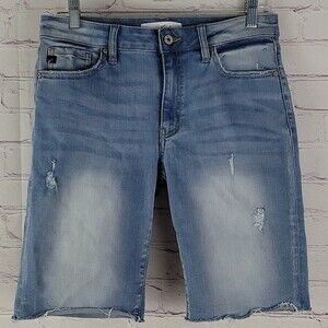 KanCan light wash distressed cut off jean shorts.